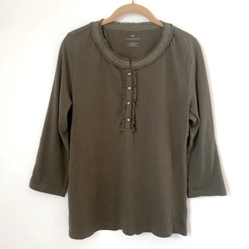 Talbots Ruffle Collar Olive Henley Top